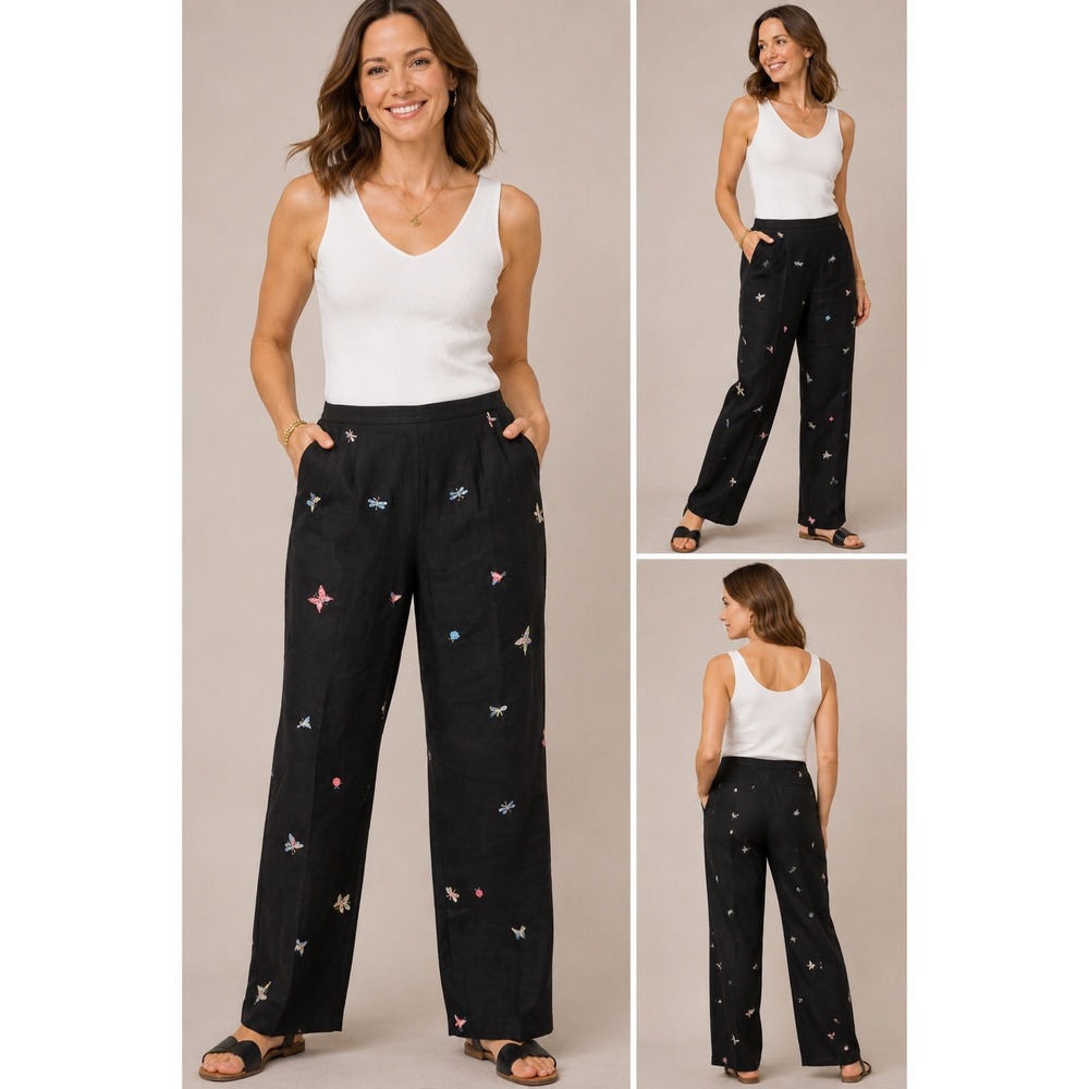 Talbots Irish Linen Butterfly Embroidered Pants Black High Rise‎ Size 10